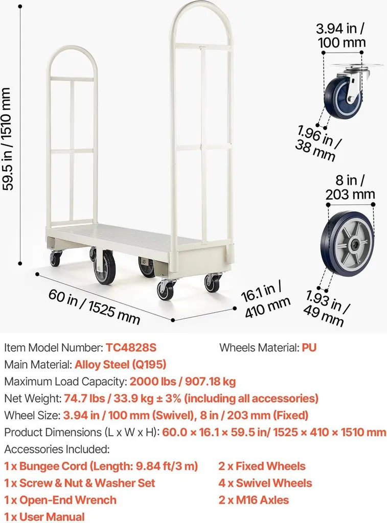 Chariot utilitaire robuste 907 kg - Structure acier et 6 roues pivots - 7