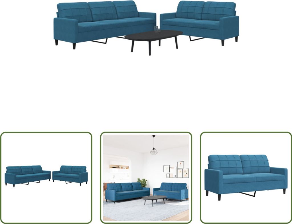 The Living Store 2-tlg. Sofagarnitur mit Kissen Blau Samt