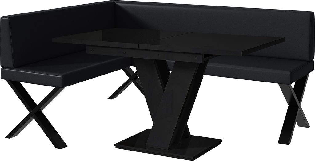 MEBLINI Eckbank für Esszimmer mit ausziehbarem Tisch - Küchenbank - Essecke - Sitzecke Küche - TONI - X-Beine 128x168x87cm Links - Schwarz Kunst...