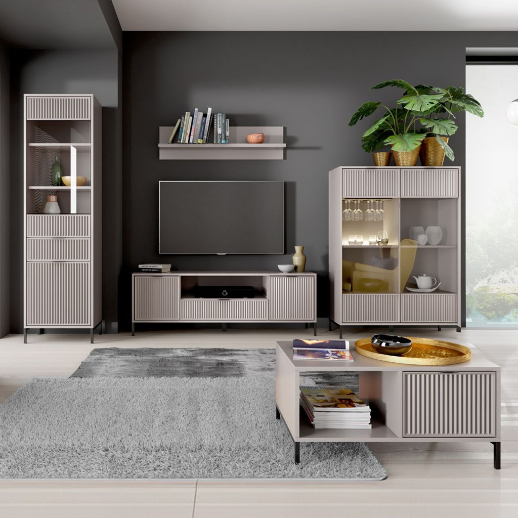 Wohnwand Kaschmir beige LAURO-161 modern mit Rillenoptik 5-teilig
