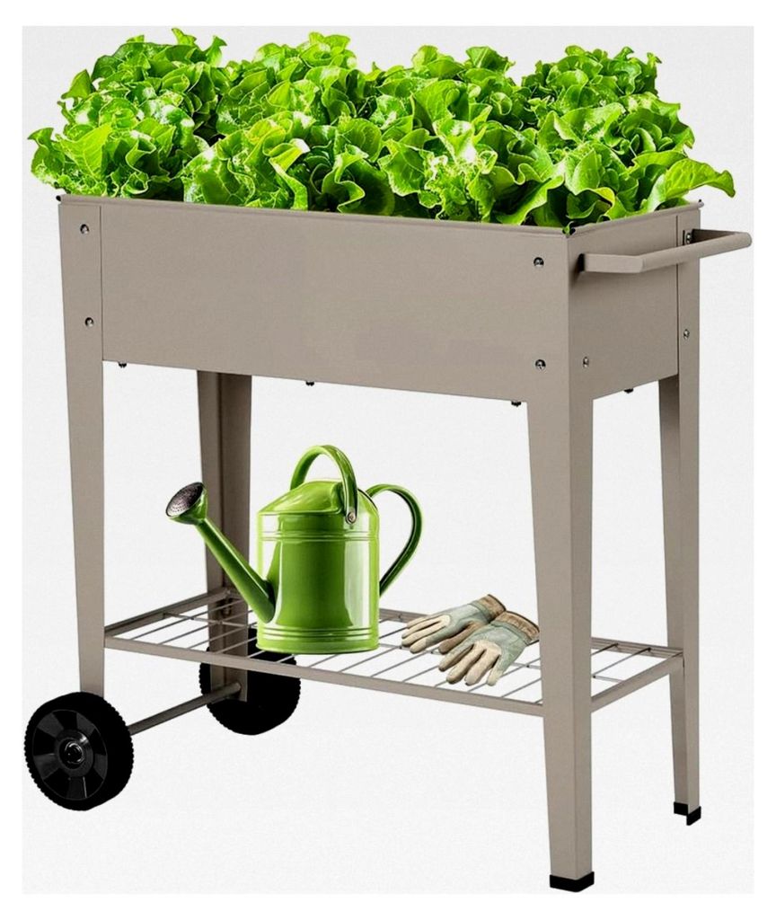 Metall-Hochbeet mit Rädern und Ablage 84,5 x 45 x 80 cm, Blumenkasten für Frühbeet, Kräuterbeet und Gemüsebeet, Gartenbeet für Balkon, Garten...