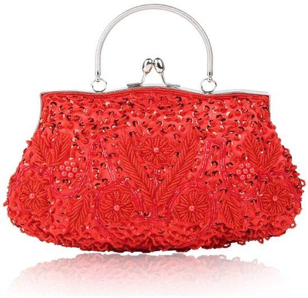 Handtas aus Blumenmusterleder, Vintage-Design, kleiner Schmucktas, roter Farbton, ideal für Feiern und besondere Anlässe