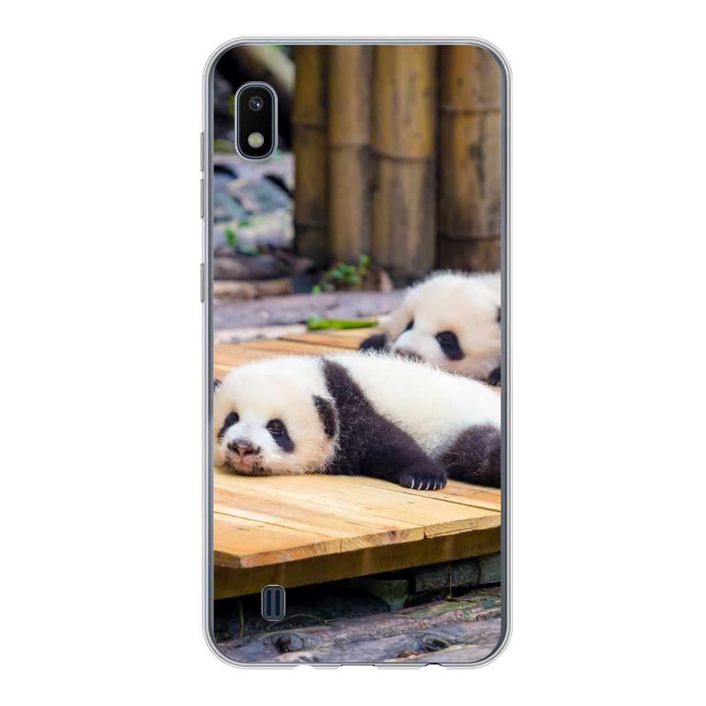 MuchoWow Handyhülle Schutzhülle Hülle für Samsung Galaxy A10 Pandas - Boden - Holz Silikon Softcase Handy Hülle - Schutzhülle