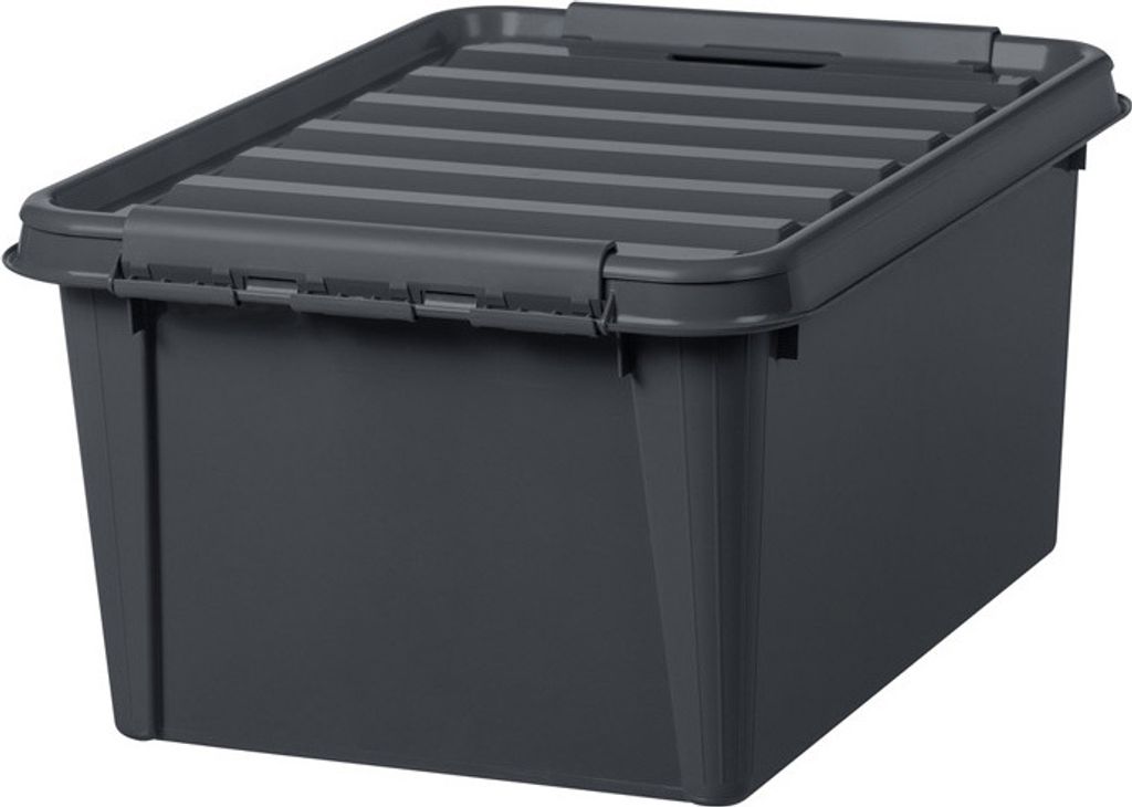 A dark gray storage box with a lid is shown from a slightly elevated side angle against a light gray background.