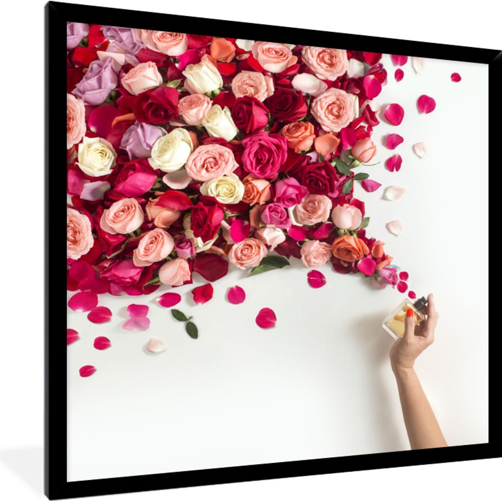 MuchoWow MuchoWow Gerahmtes Poster Rosen - Parfüm - Blumen 40x40 cm - Poster mit zchwarzem Bilderrahmen - Mit Rahmen - Wanddekoration Schlafzi...