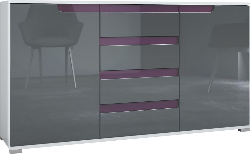 Vladon Sideboard Sylt V1, Kommode mit 2 Türen und 4 Schubladen, Korpus - Weiß matt / Front - Grau Hochglanz / Absetzung - Brombeer Hochglanz (138...