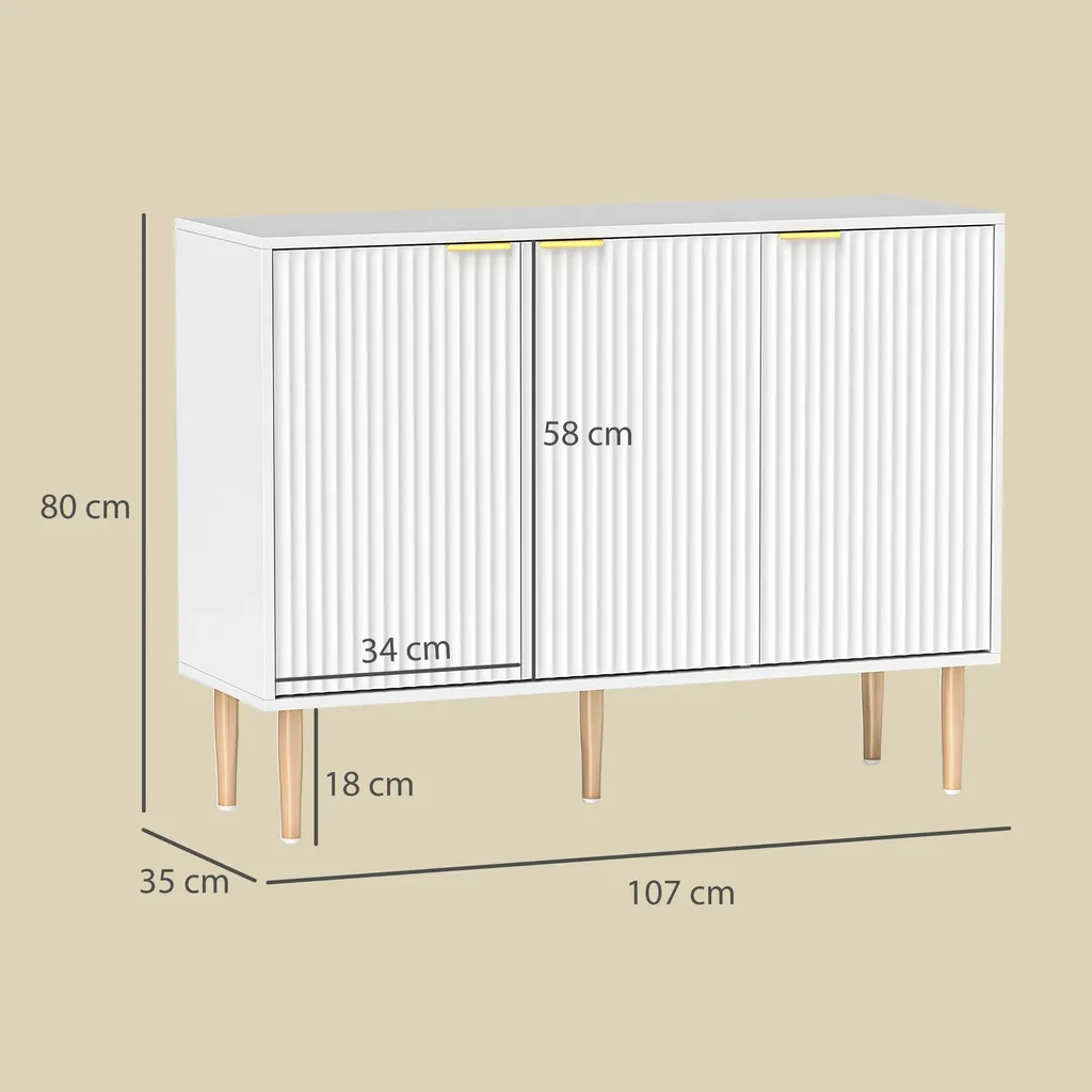 Buffet Gain de Place Blanc avec Tablette Modulable et 3 Portes