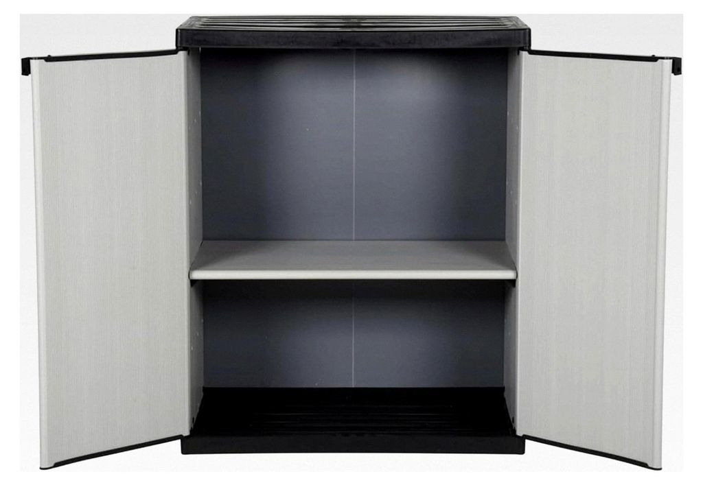 Garten-Lagerschrank Grau Schwarz 68x40x85 cm mit 1 Ablage und Sicherheitsschloss für Werkzeug und Gartenzubehör
