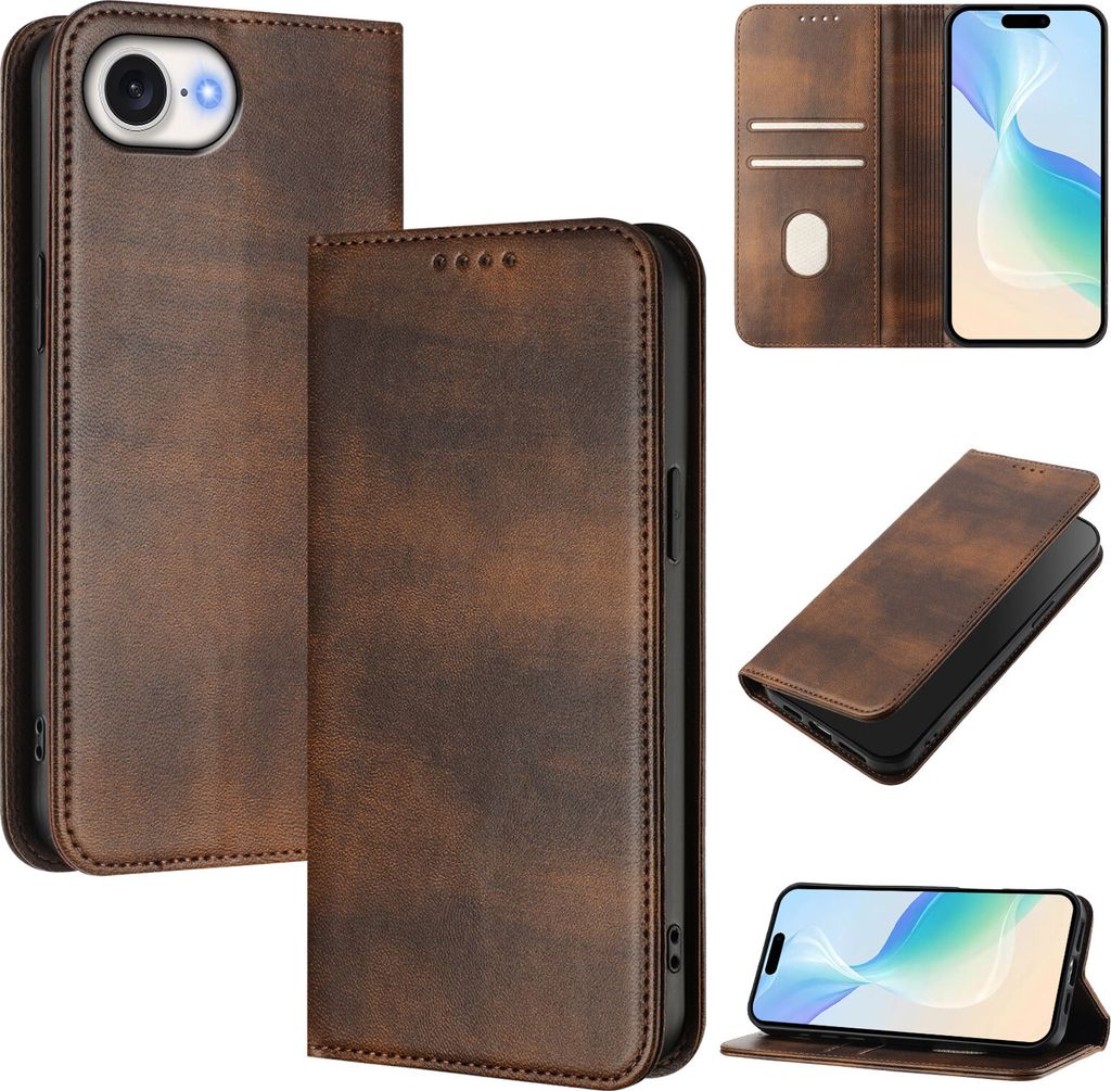 Handyhülle für iPhone 16e/iPhone 17e, Vintage Leder RFID Schutz Kartenfach Standfunktion Magnetische Klapphülle Braun