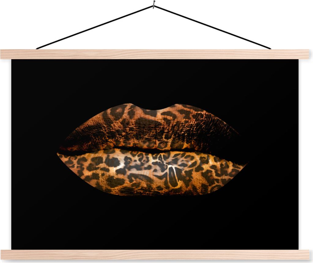 MuchoWow Textilposter Lippen - Tigerdruck - Schwarz 60x40 cm mit holzfarbenen Rahmen - Bilder