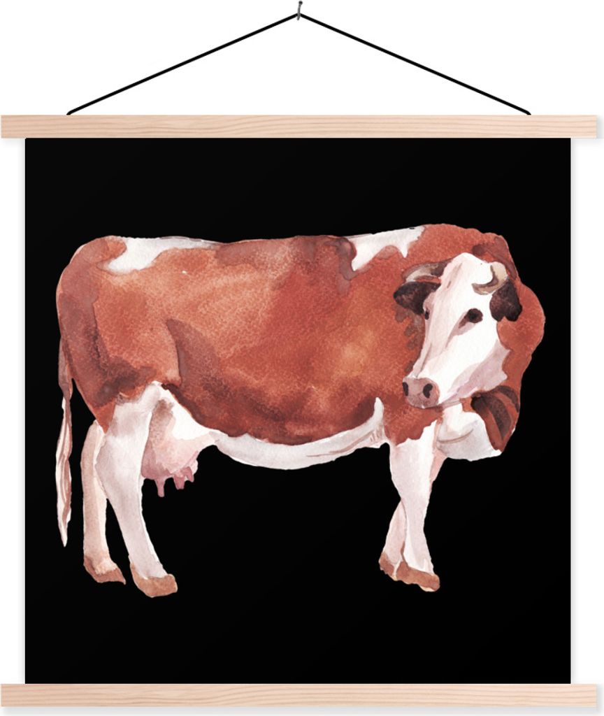 MuchoWow Textilposter Kuh - Braun - Weiß 120x120 cm mit holzfarbenen Rahmen - Textil-Poster