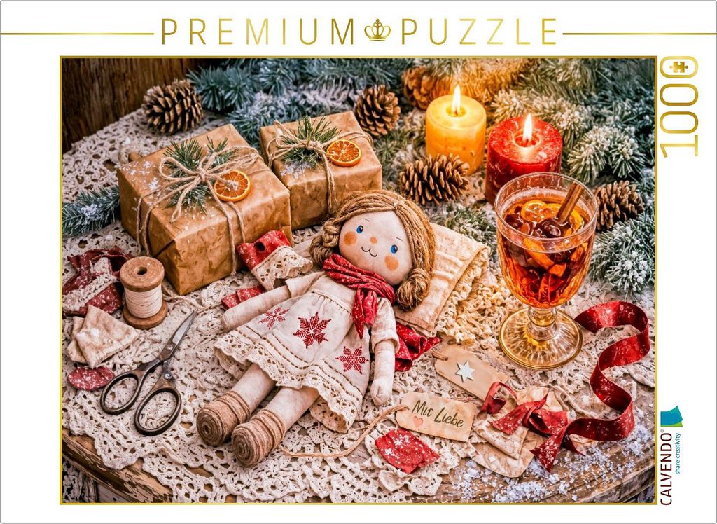CALVENDO Puzzle Handgeschneiderte Vintage‐Stoffpuppe auf dem Weihnachtsgabentisch | 1000 Teile Lege-Größe 64x48cm Foto-Puzzle für glückliche ...