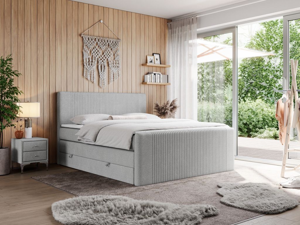 Boxspringbett, doppelbett mit Multipocket-Matratze und zwei Bettkästen - KING DOREN - 120x200cm - Hellgrau - H3