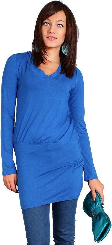 Damen Langarm Longshirt Bluse mit Rückenausschnitt; Blau/S/M