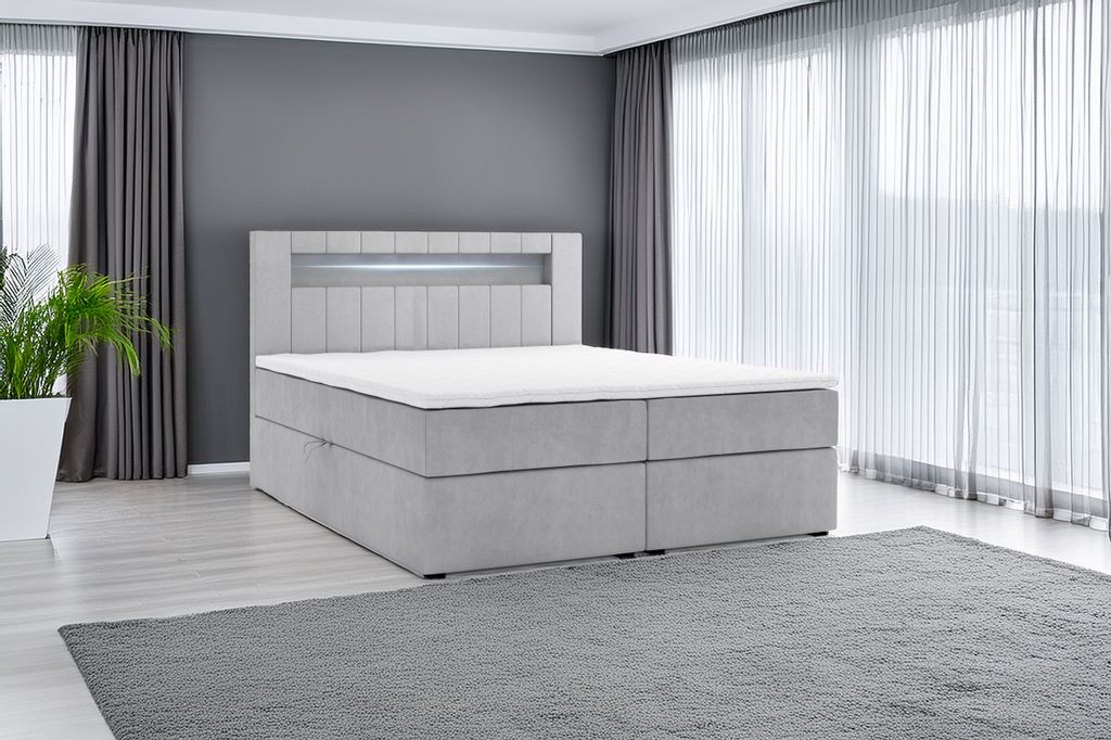 Boxspringbett KUBA mit Bettkasten Visco Topper LED 180 x 200 cm Webstoff Inari Grau Bett Bettkasten Topper