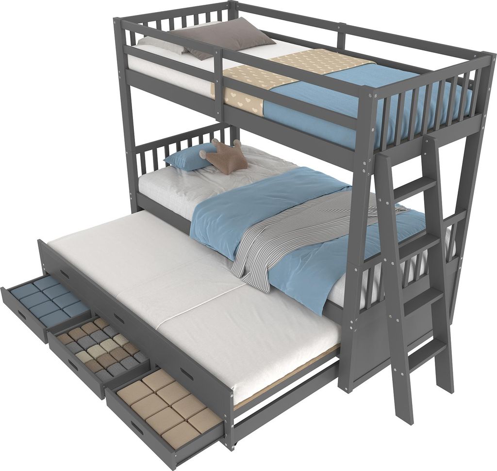 Etagenbett, 90x200 cm, Kinderbett mit 3 Schlafgelegenheiten, Lattenrost, Leiter und Schubladen, umbaufähig zu 2 Einzelbetten, Kiefer