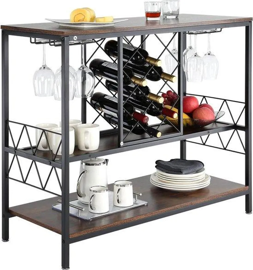 Bar de salon 101cm en bois massif avec rangement verres et bouteilles