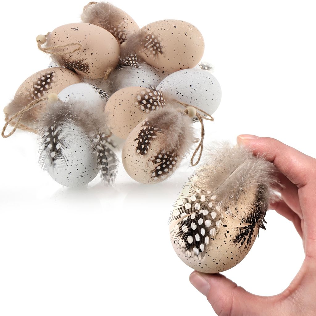 com-four 12x Ostereier zum Anhängen - Hängedeko für den Osterstrauch 7 x 5 cm - Deko-Ostereier mit Federn und Holzperle in Wachtelei-Optik - D...