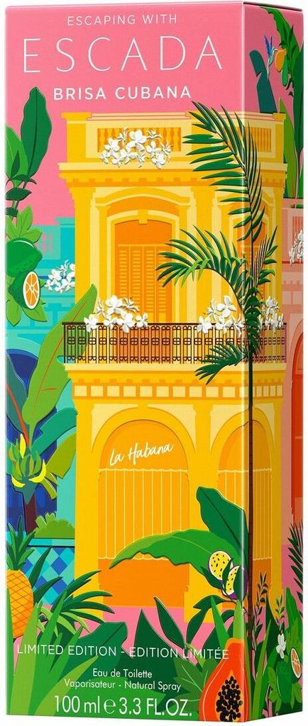 A colorful illustration of a building and tropical foliage on a perfume box.