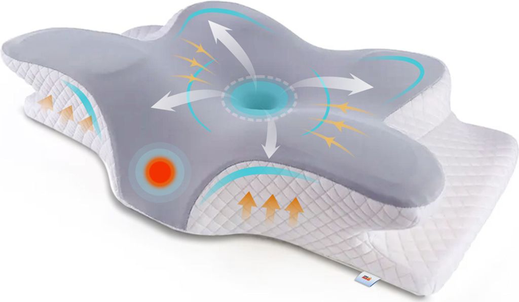 A diagram illustrating the features and airflow of an orthopedic pillow.