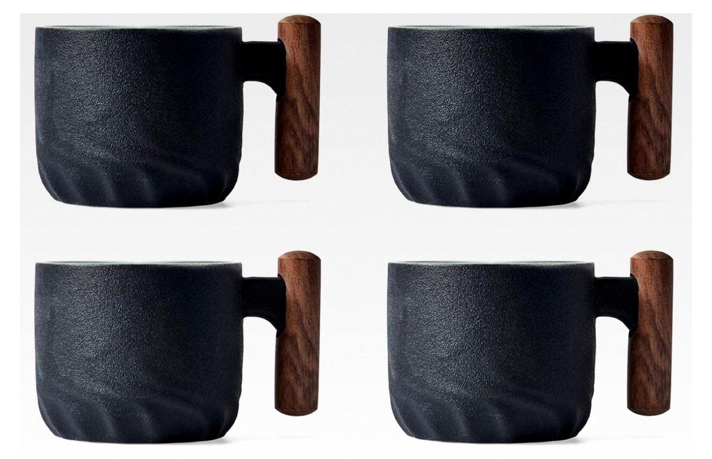 4er Set Espressotassen 70 ml, Keramiktassen mit Henkel, Mini Teetassen und Kaffeetassen, Kleine Espressotassen für Espresso und Tee (Schwarz)