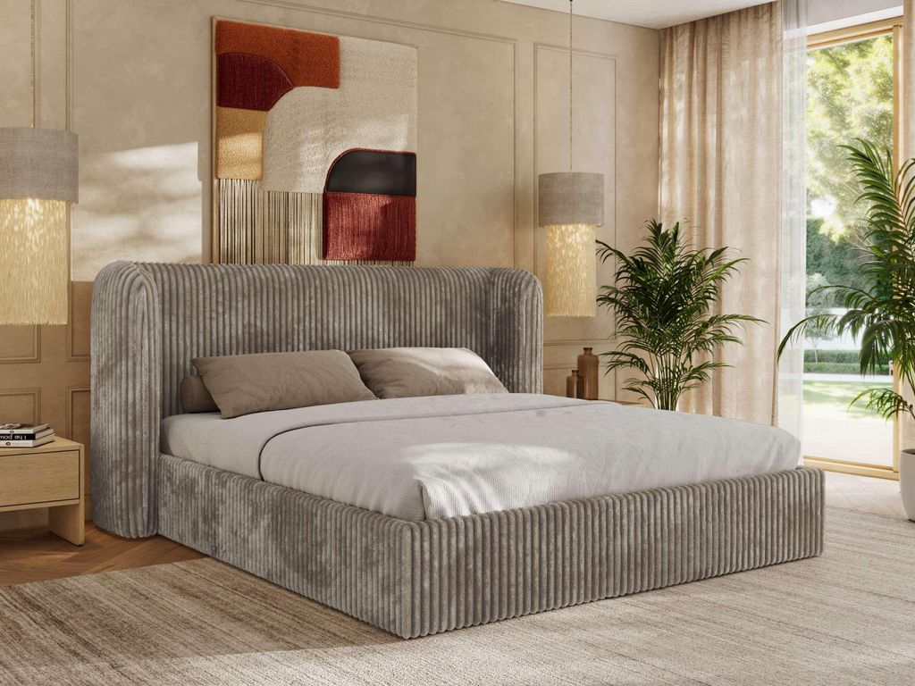 MKS MEBLE Doppelbett Polsterbett EMORA CLASSIC Bett Holzgestell hohes Kopfteil Multipocket Matratze ELORI LUX 160x200 Hellbraun Cord