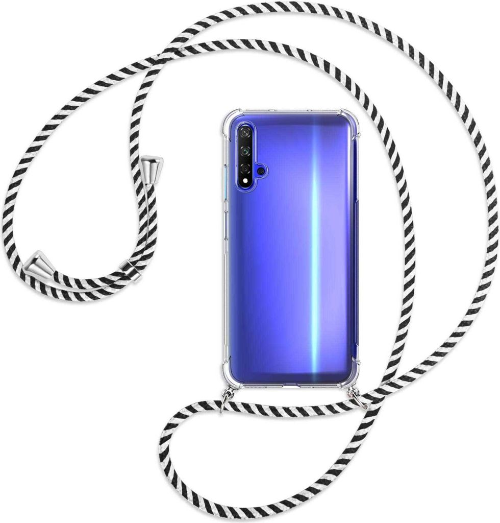 Handykette Backcover-Schutzhülle mit Band (Metall silberfarben) für Honor 20 / Huawei nova 5T - schwarz/weiß gestreift