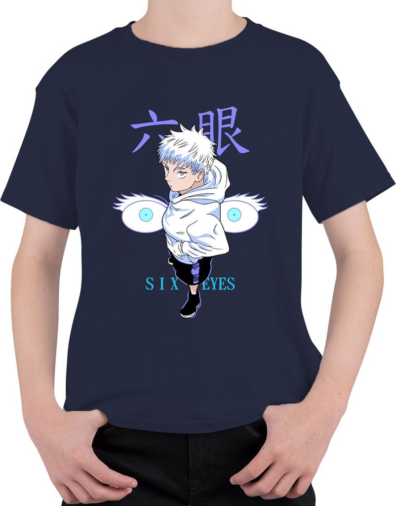 SIX EYES Anime Ästhetik Junge weiße Haare Manga Otaku Geschenk Uni Kinder T-Shirt, Navy, 140