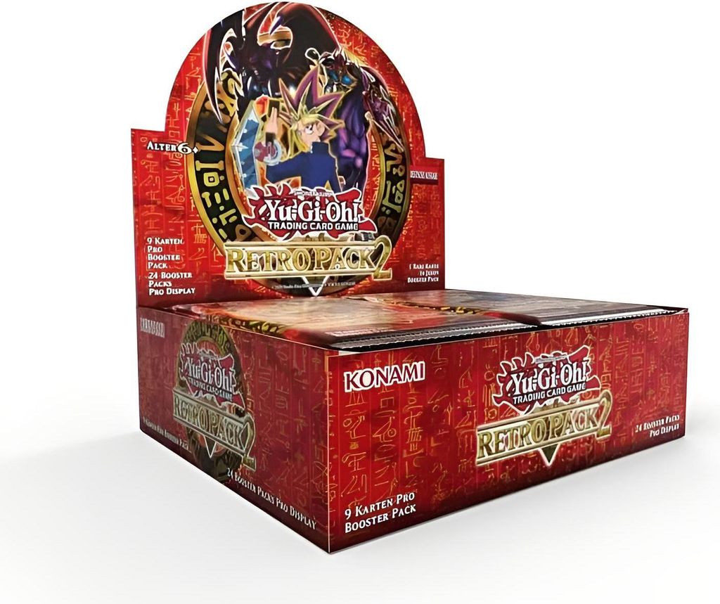 A Yu-Gi-Oh! Retro Pack 2 booster display box is shown against a white background.