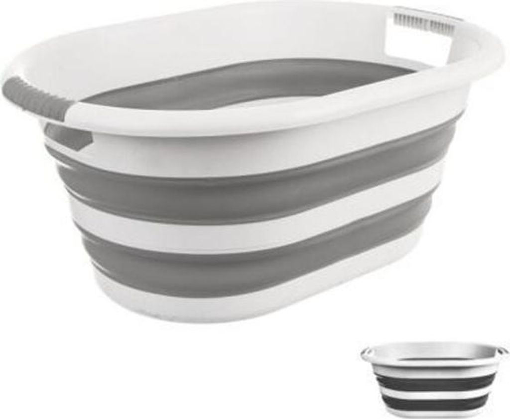 A collapsible laundry basket with gray and white stripes.