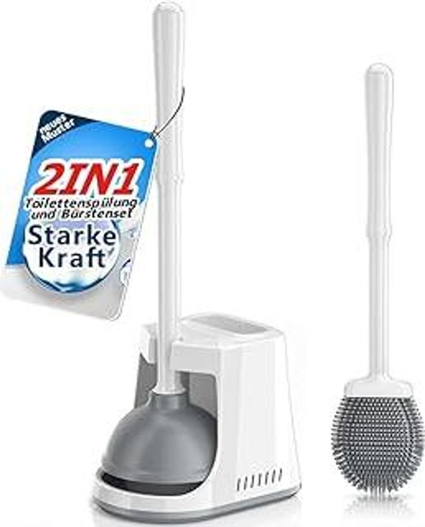 Weiße WC-Bürste & Pömpel Set aus Silikon – Hygienische Toilettenbürste mit Randreiniger, Stehender Halter mit Belüftung, Saugglocke Abflussr...