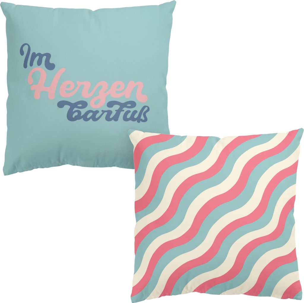 Dekokissen 2-teilig Sprüche draußen / Outdoor Zierkissen waschbar Streifen türkis Pop Art Sofakissen mit Füllung