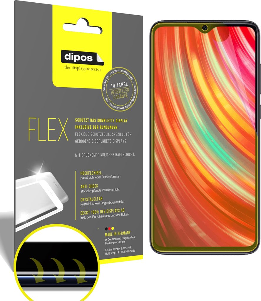 2x Schutzfolie für Xiaomi Redmi Note 8 Pro Folie, 100% Displayabdeckung, dipos Flex