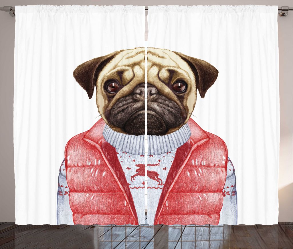 ABAKUHAUS Mops Rustikaler Gardine, Rote Weste Weihnachten Sweater, Schlafzimmer Kräuselband Vorhang mit Schlaufen und Haken, 280 x 245 cm, Pale Br...