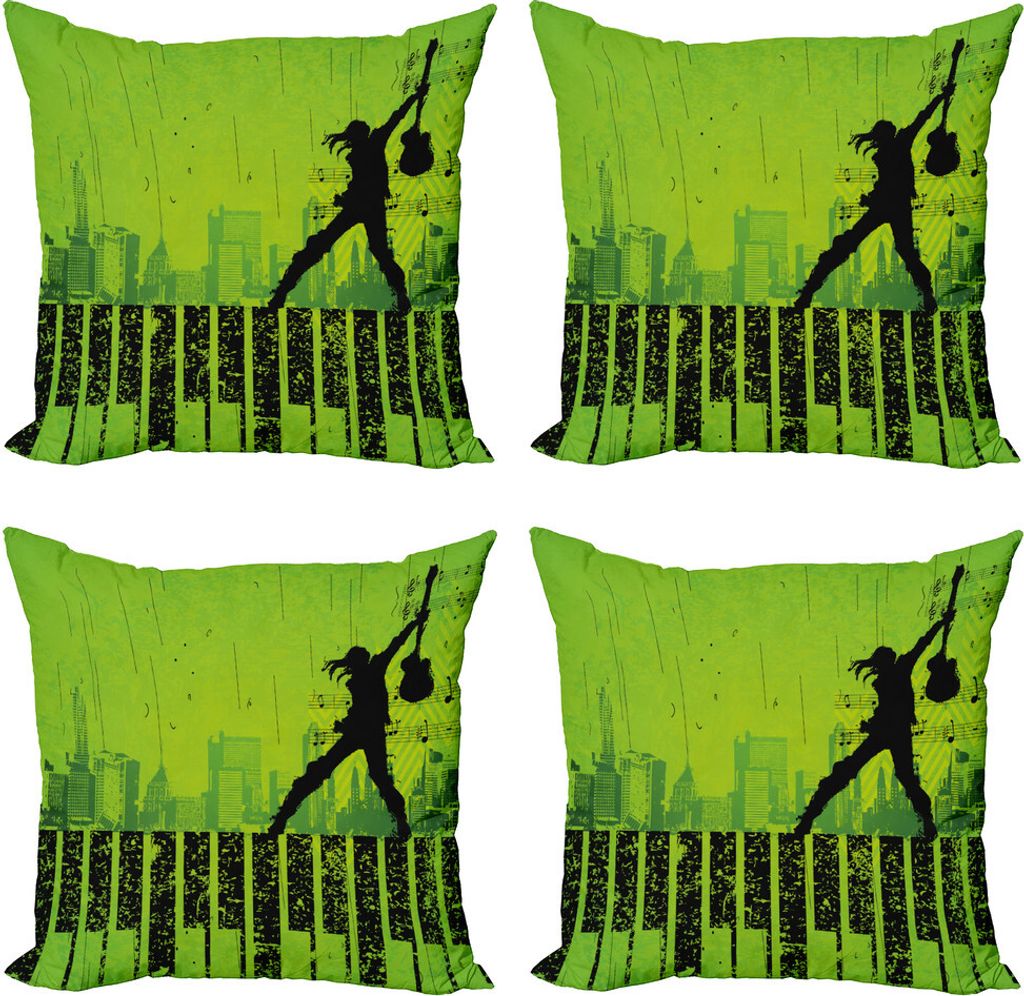 ABAKUHAUS Popstar-Party Kissenbezug Set (4 Stück), Musik in der Stadt, Moderner Doppelseitiger Digitaldruck, 45 cm x 45 cm, Lime Green Schwarz