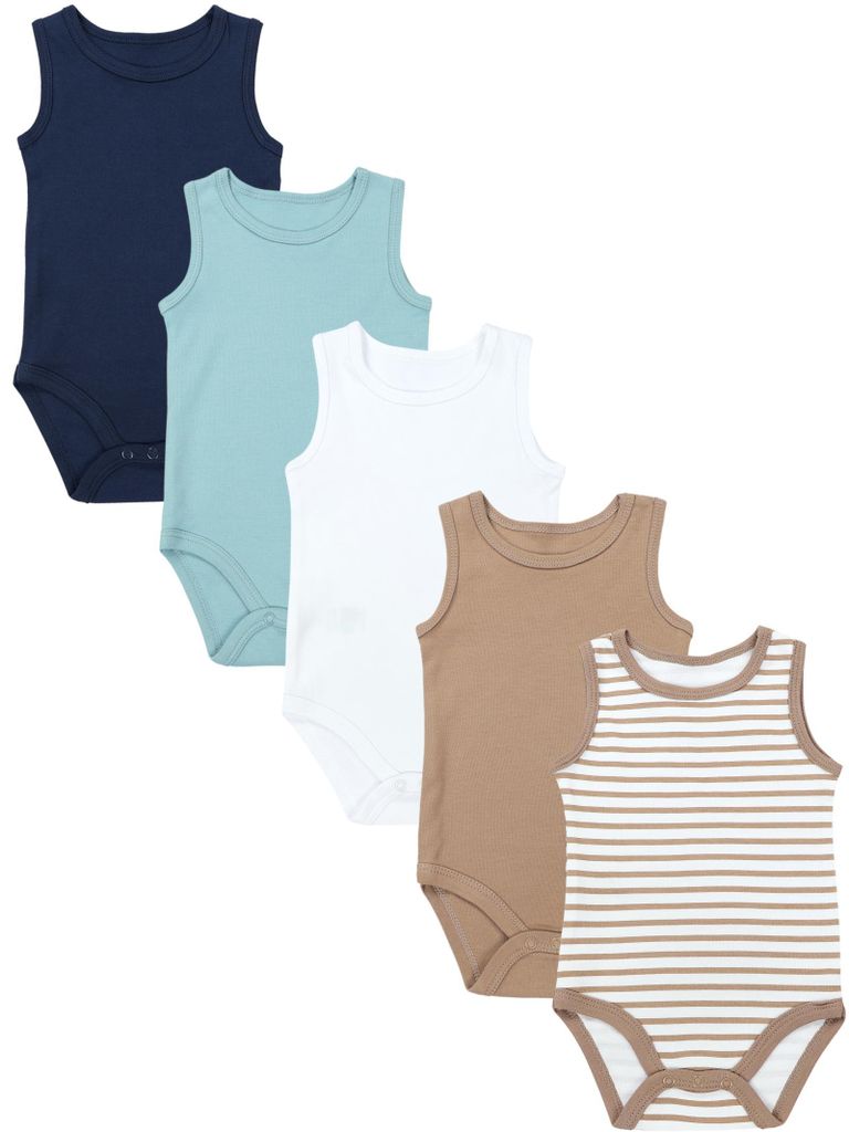 TupTam Baby Jungen Achselbody – Weicher Baby Body im 5er Pack aus Baumwolle, Body Baby Unifarben , Farbe: Blau_Beige_Streifen_Weiß, Größe: 98