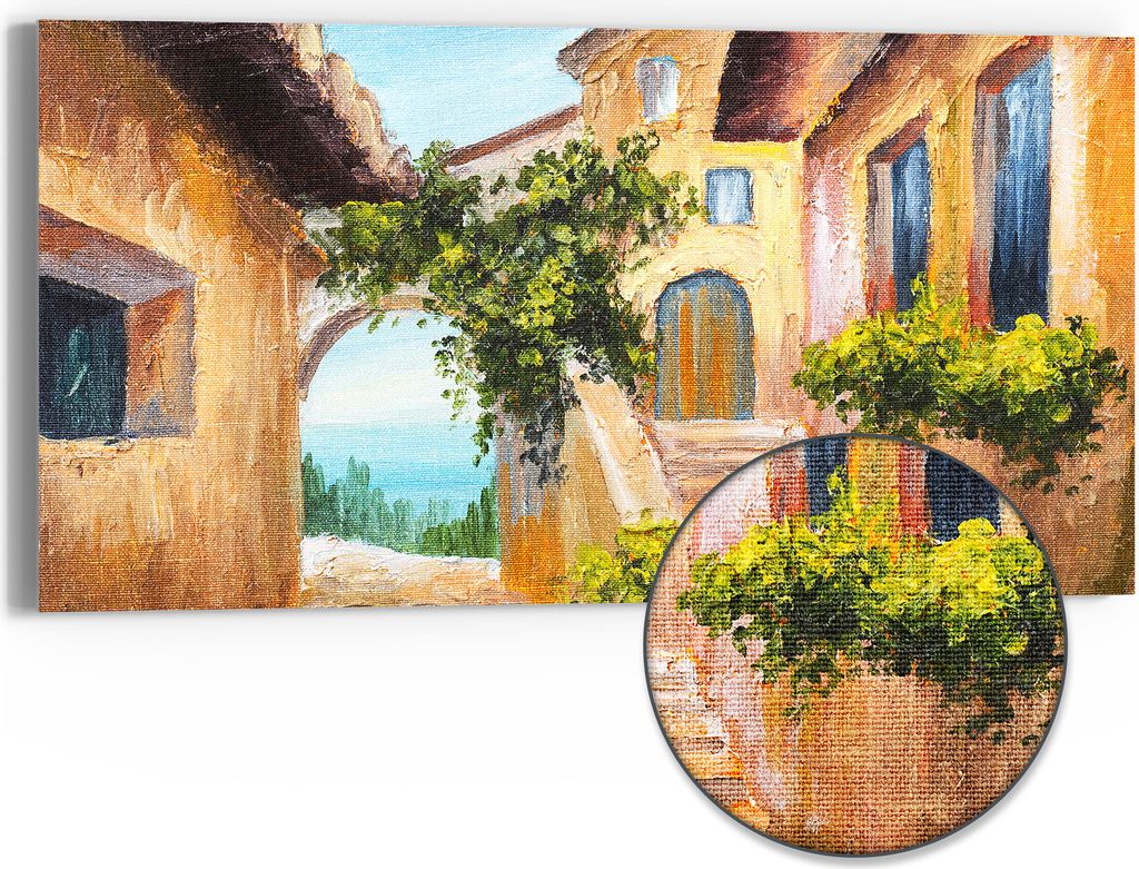 DEQORI Hybrid Leinwand Bild 60x30 cm 'Sonnige Gassen' Wandbild Glas flach modern