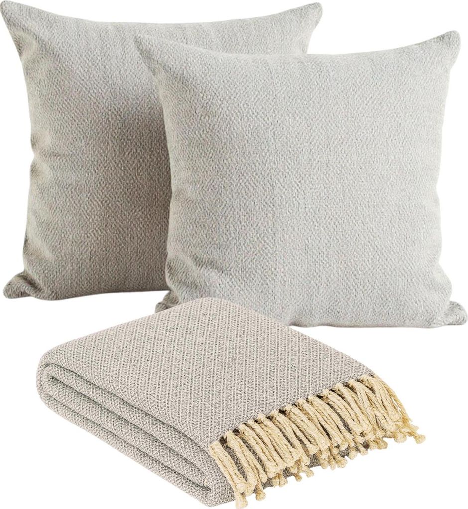 Marrakesch 3er Set Calix Grau Tagesdecke 125x150 & 2 Kissenbezüge 40x40 aus Baumwolle | Boho Sofaüberwurf mit Fransen & 2 Zierkissen ohne Füllun...