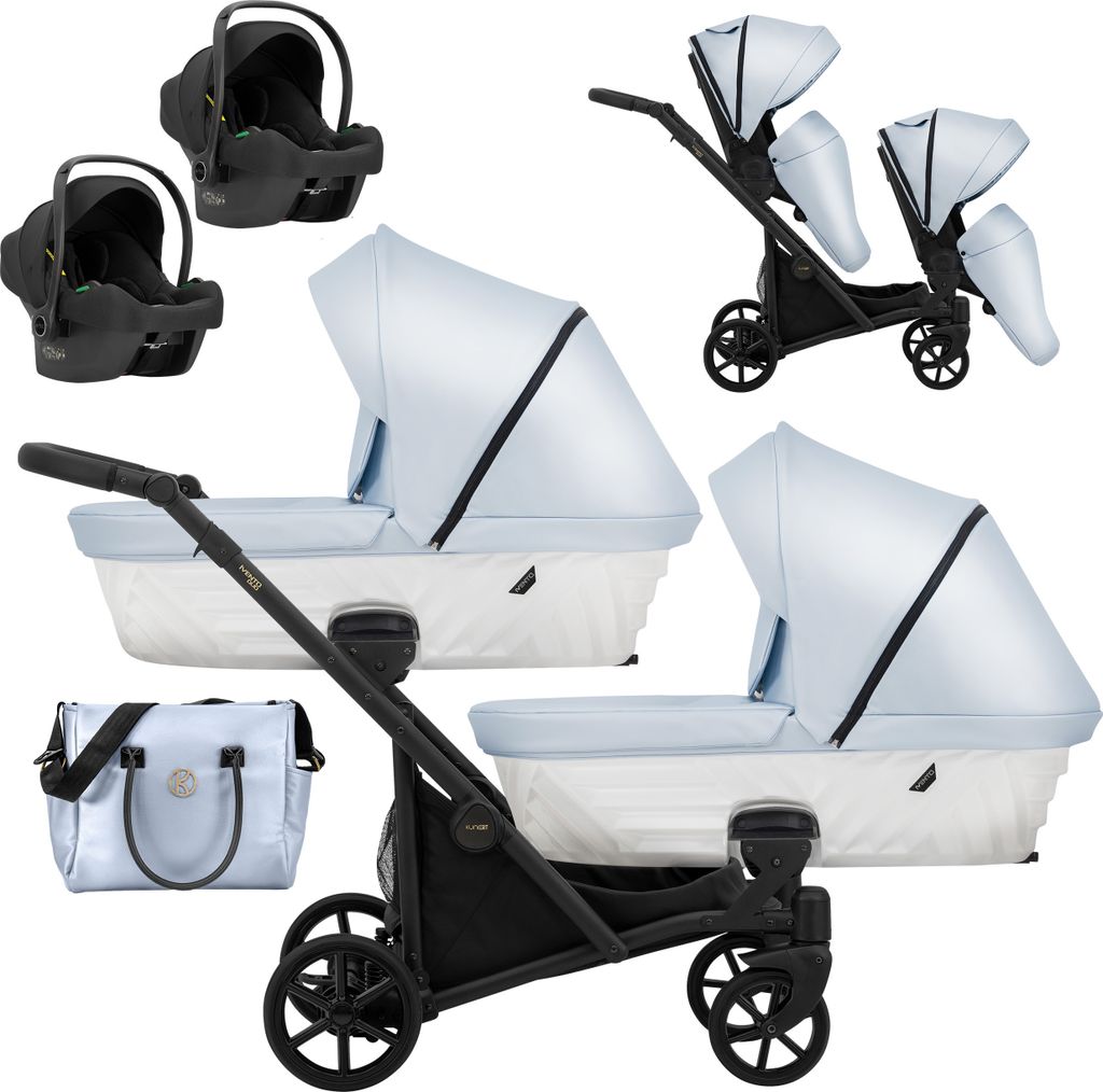 Kinderwagen IVENTO DUO 3 in 1 Komplettset Zwillingskinderwagen Geschwisterwagen Zwillingsbuggy Doppelkinderwagen (Eco Baby Blue Rahmenfarbe: schwarz)