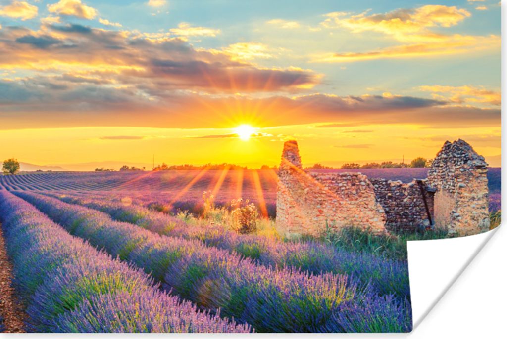 MuchoWow Poster Lavendel - Sonnenuntergang - Ruine - Lila 30x20 cm - Plakate - Print