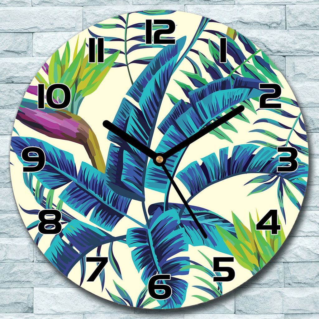 Wanduhr aus Glas Rund fi 30 Tropische Pflanzen Quarz Deko Schlafzimmer Büro