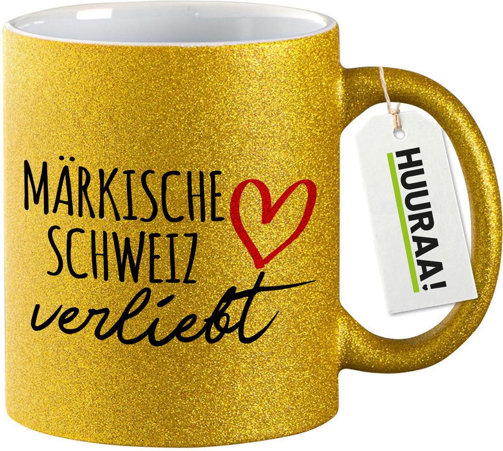 Huuraa Glitzertasse Märkische Schweiz verliebt 330ml Gold Keramik Kaffeebecher Geschenkidee
