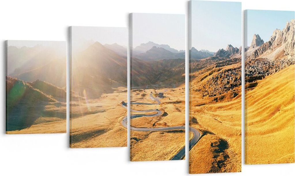 Bild auf Leinwand - Leinwandbild - 5 Teile - Sonne Berge Weg - 100x60cm - Wand Bild - Wanddeko - Wandbilder - Leinwanddruck - Bilder - Wanddekorati...