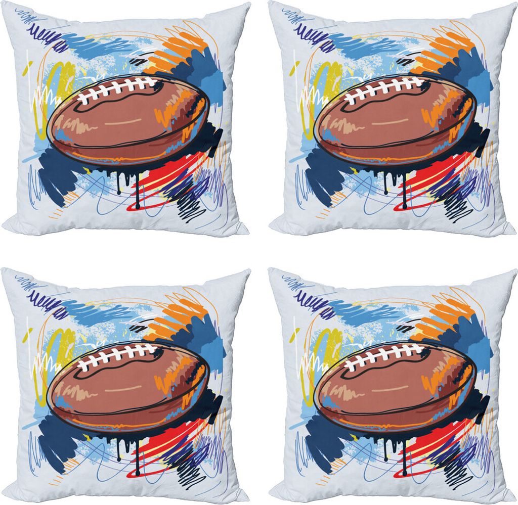ABAKUHAUS Sport Kissenbezug Set (4 Stück), Rugby-Ball-Gekritzel-Kunst, Moderner Doppelseitiger Digitaldruck, 40 cm x 40 cm, Mehrfarbig