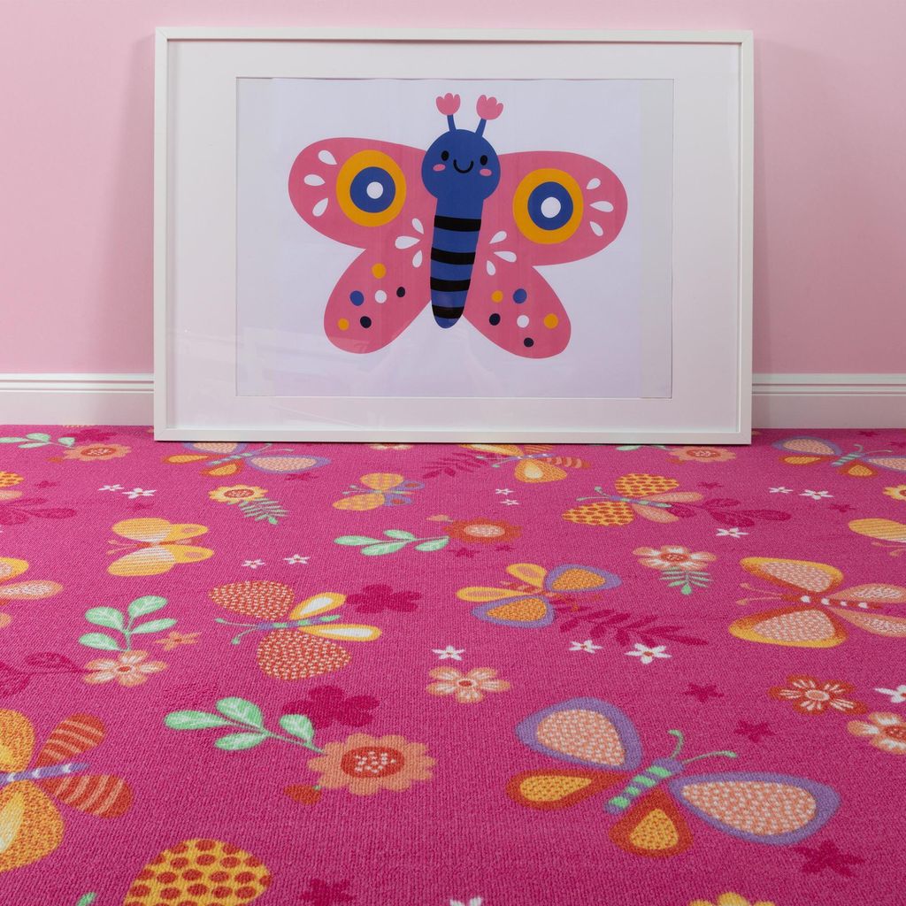 Steffensmeier Teppichboden Sophia Meterware | Auslegware für Kinderzimmer | Spielteppich | Schmetterling Pink, Größe: 300x200 cm