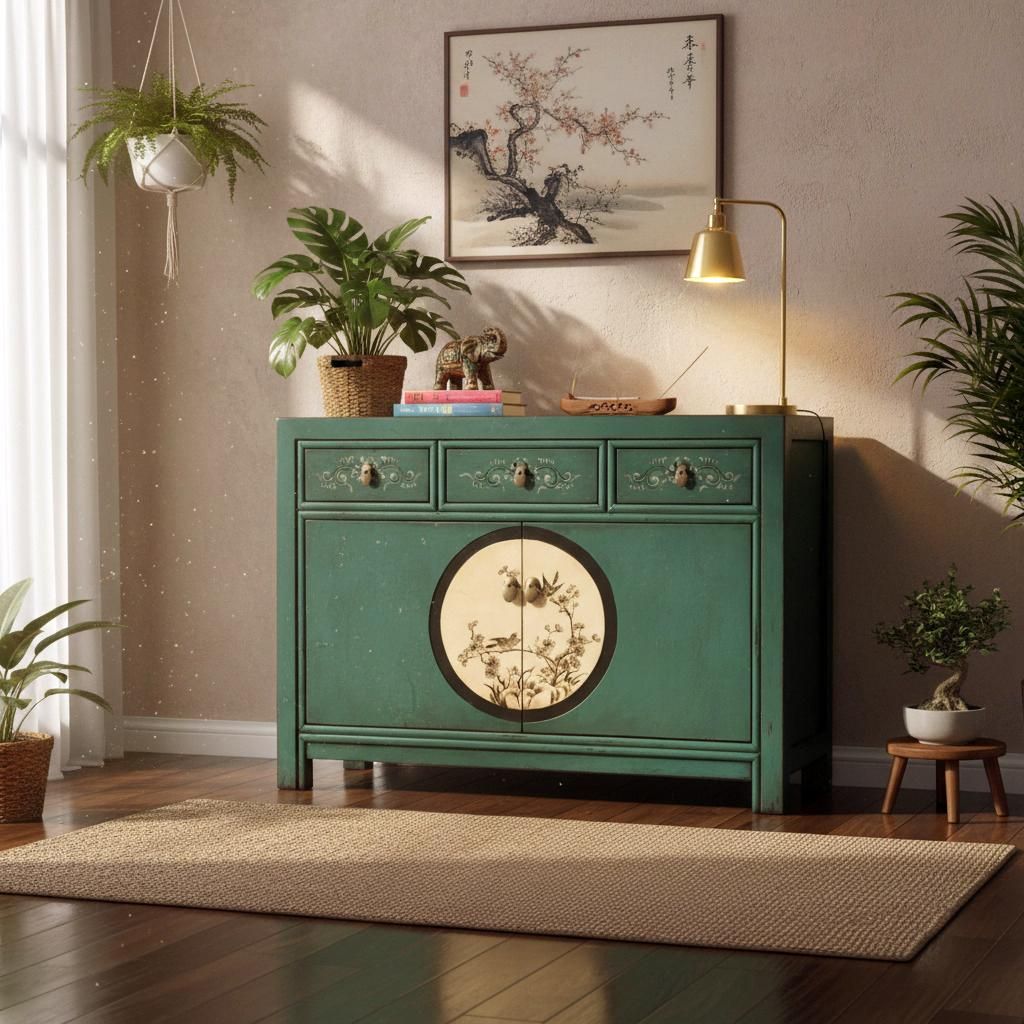 OPIUM OUTLET Kommode Sideboard Schrank Möbel orientalisch chinesisch asiatisch Schränkchen Anrichte smaragd-grün Vintage Shabby Chic Antik Landh...