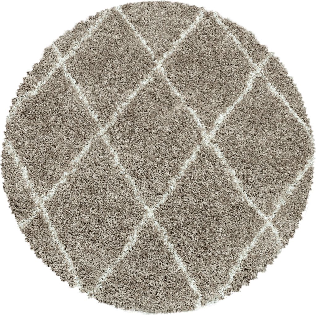 Runder Hochflor Teppich Skandinavische Rauten Design Shaggy Teppich Wohnzimmer, Farbe:Beige, Grösse:120 cm Rund