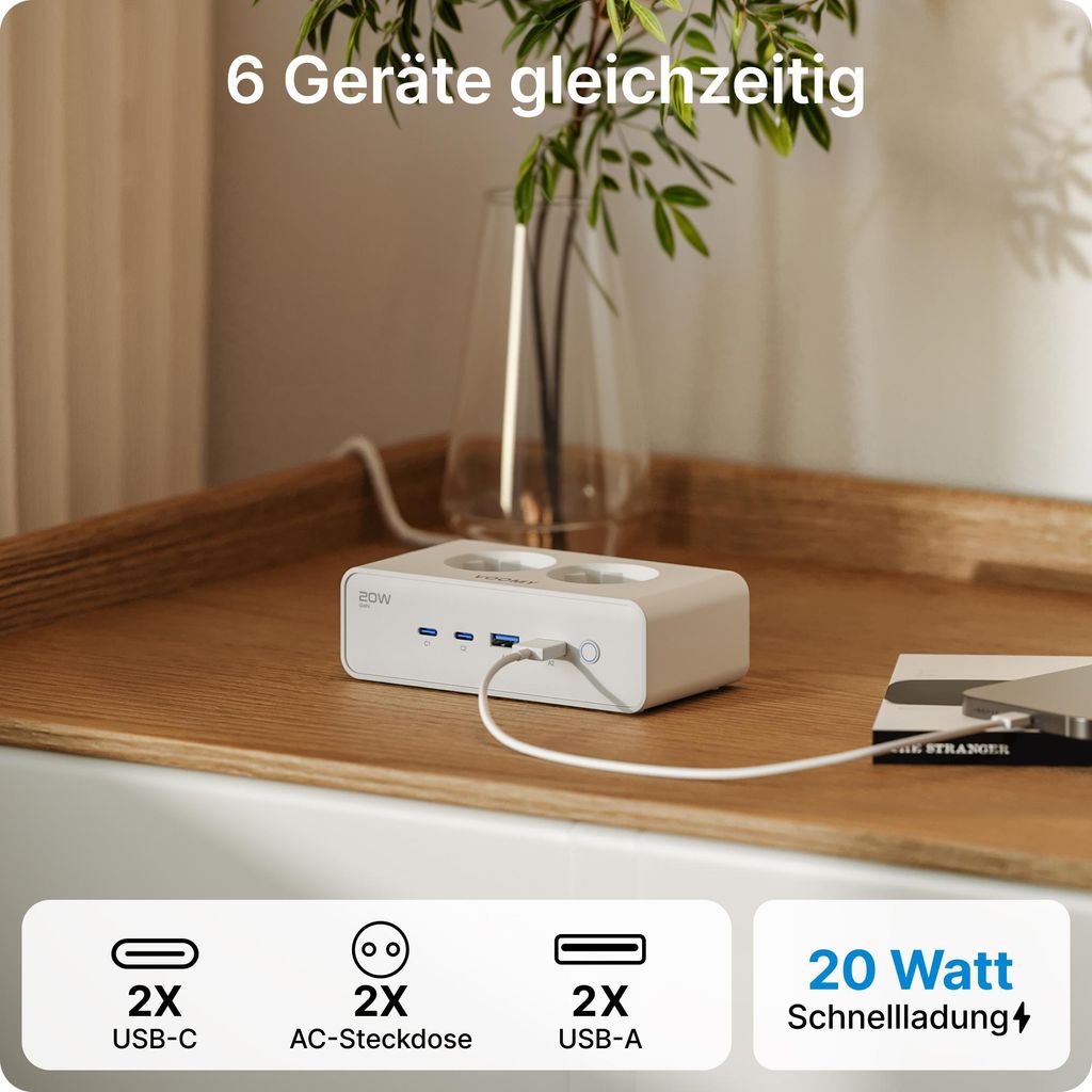 VOOMY 6-in-1 Steckdosenleiste 20W USB-C – 2x USB-C & 2x USB-A – Mehrfachsteckdose mit 2 Steckplätzen – 4000W – 2M Kabel – Weiß
