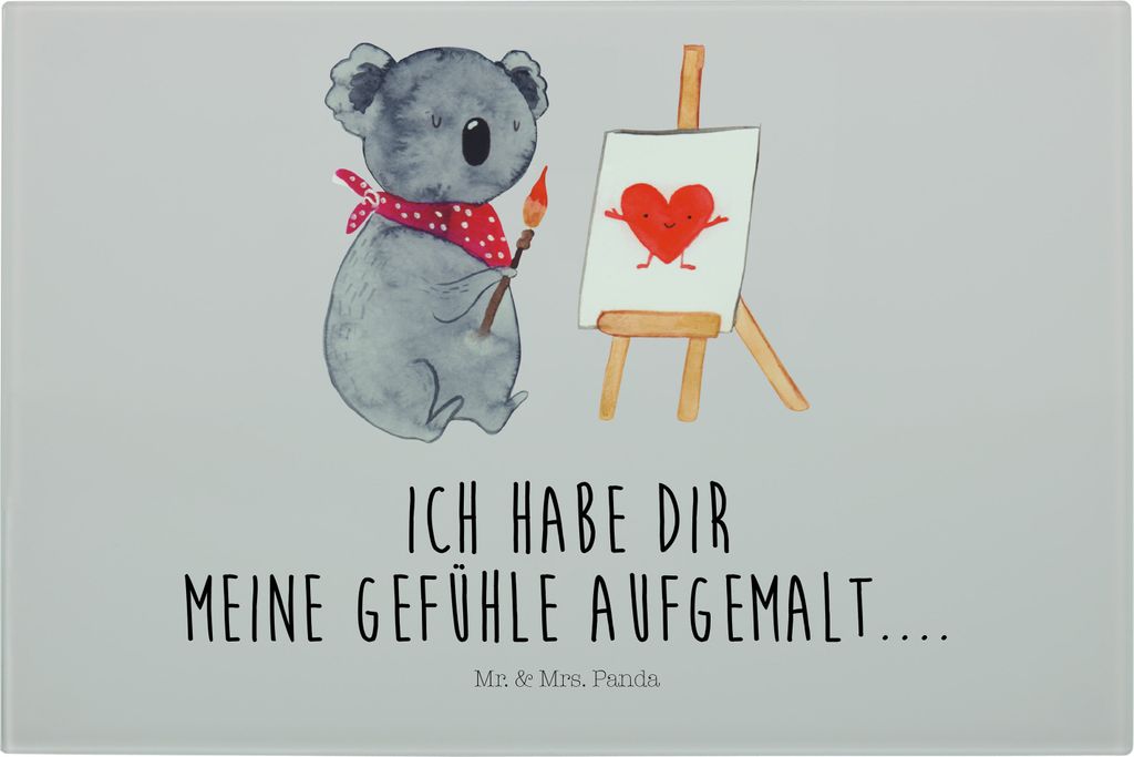 Mr. & Mrs. Panda Glasschneidebrett Koala Künstler - Grau Pastell - Geschenk, Schneidplatte Glas, schneidbrett, Schneideplatte, Hackbrett, Schneide...