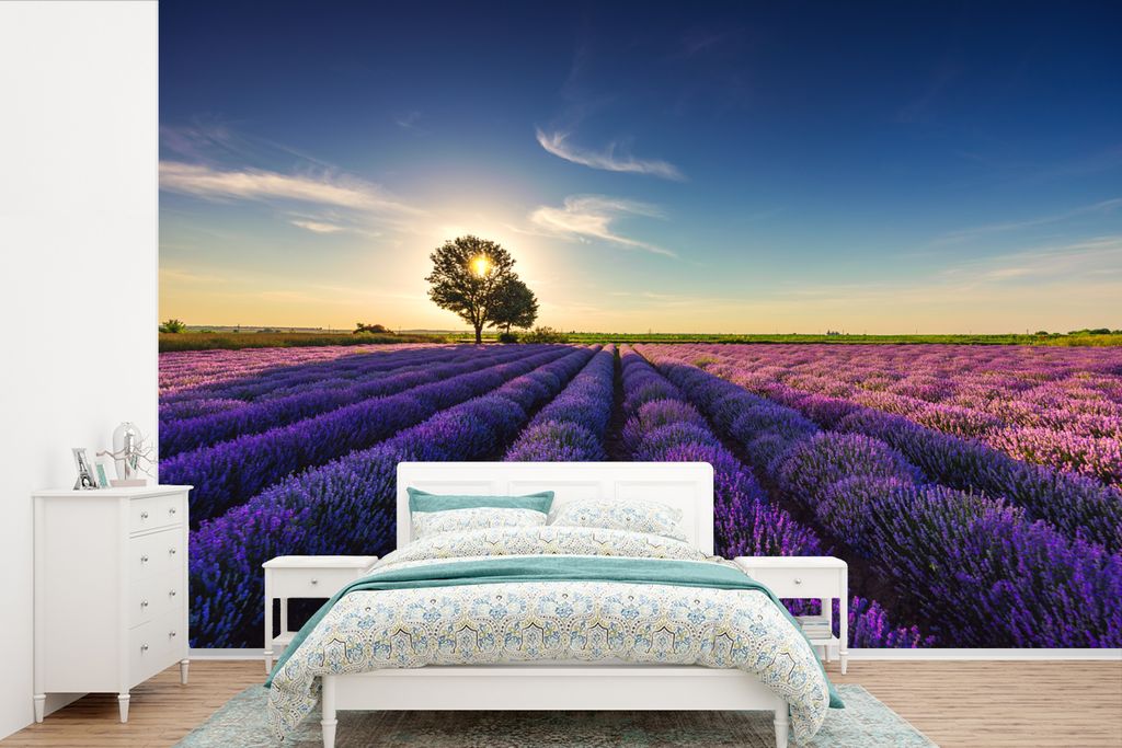 MuchoWow Fototapete für Wohnzimmer oder Schlafzimmer Wandtapete Vinyl Motivtapete Lavendel - Sonne - Baum - Blumen - Lila - 420x280 cm - Zimmer ...